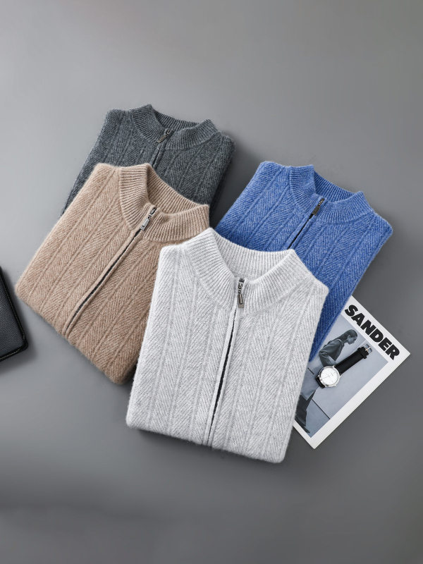 Vyrų vilnos kardiganas su jacquard raštu, stand-up apykaklė, laisvas kirpimas, ilgos rankovės