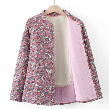 Geacă damă de iarnă cu imprimeu floral, material poliester, umplutură din lână de cămilă și bumbac, guler înalt, izolație groasă, nasturi pe un singur rând, lungime 50–65 cm