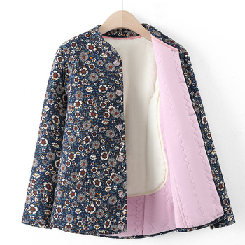 Geacă damă de iarnă cu imprimeu floral, material poliester, umplutură din lână de cămilă și bumbac, guler înalt, izolație groasă, nasturi pe un singur rând, lungime 50–65 cm