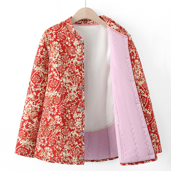 Geacă damă de iarnă cu imprimeu floral, material poliester, umplutură din lână de cămilă și bumbac, guler înalt, izolație groasă, nasturi pe un singur rând, lungime 50–65 cm