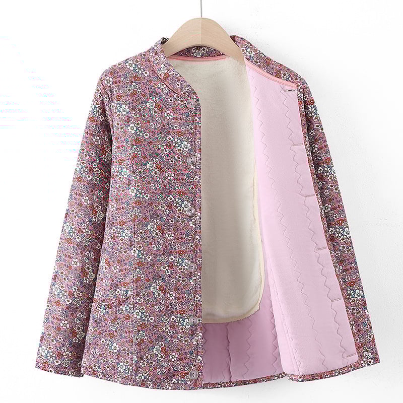 Geacă damă de iarnă cu imprimeu floral, material poliester, umplutură din lână de cămilă și bumbac, guler înalt, izolație groasă, nasturi pe un singur rând, lungime 50–65 cm