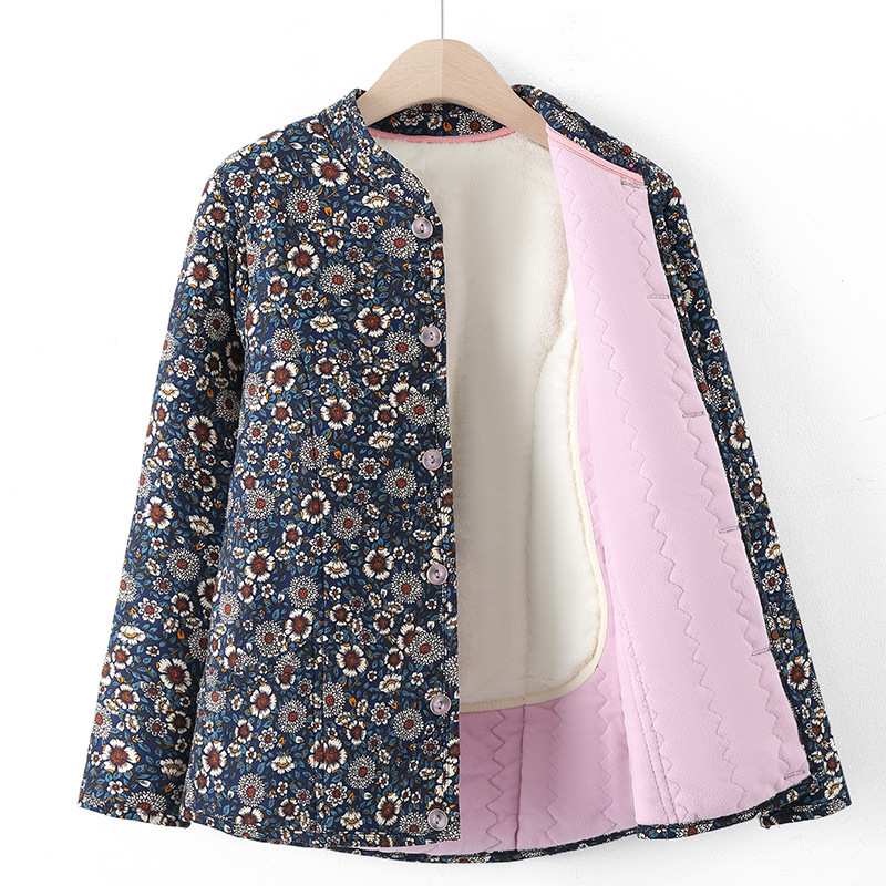 Geacă damă de iarnă cu imprimeu floral, material poliester, umplutură din lână de cămilă și bumbac, guler înalt, izolație groasă, nasturi pe un singur rând, lungime 50–65 cm