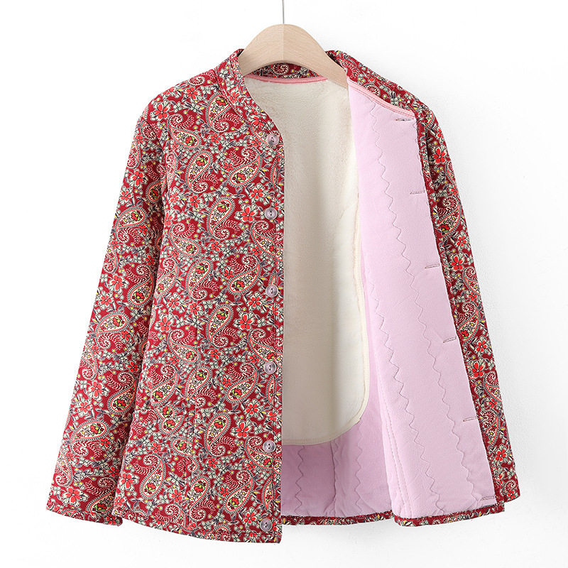 Geacă damă de iarnă cu imprimeu floral, material poliester, umplutură din lână de cămilă și bumbac, guler înalt, izolație groasă, nasturi pe un singur rând, lungime 50–65 cm