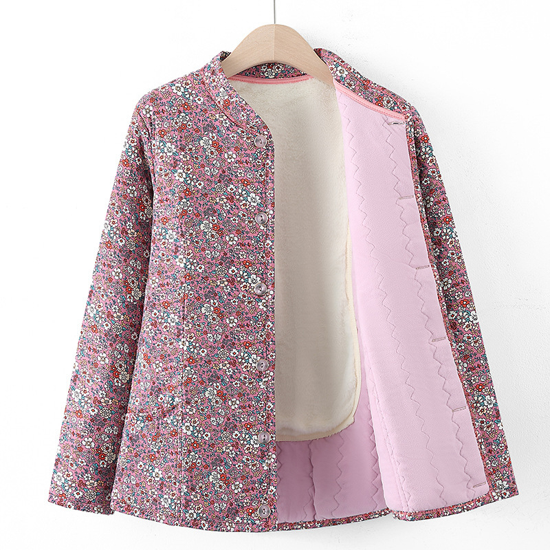 Geacă damă de iarnă cu imprimeu floral, material poliester, umplutură din lână de cămilă și bumbac, guler înalt, izolație groasă, nasturi pe un singur rând, lungime 50–65 cm