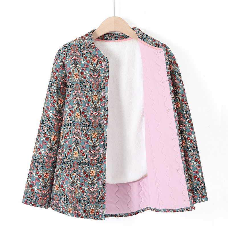 Geacă damă de iarnă cu imprimeu floral, material poliester, umplutură din lână de cămilă și bumbac, guler înalt, izolație groasă, nasturi pe un singur rând, lungime 50–65 cm