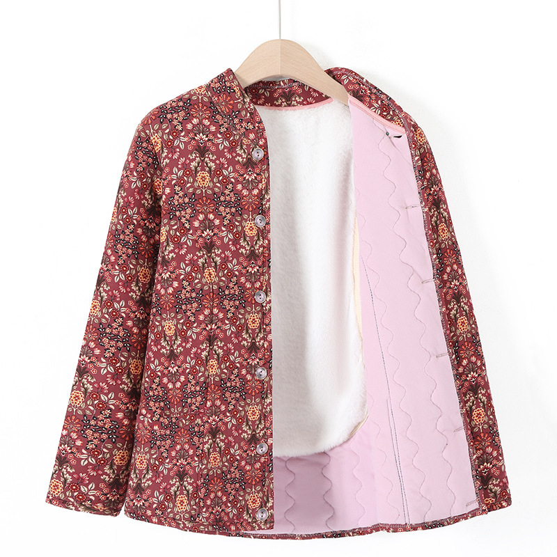 Geacă damă de iarnă cu imprimeu floral, material poliester, umplutură din lână de cămilă și bumbac, guler înalt, izolație groasă, nasturi pe un singur rând, lungime 50–65 cm