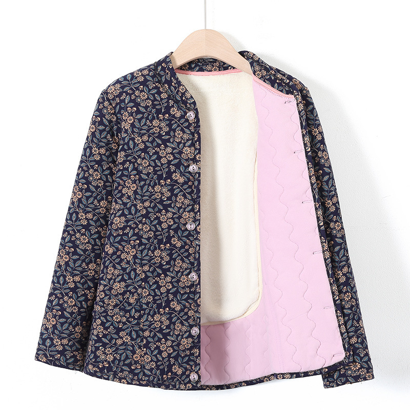 Geacă damă de iarnă cu imprimeu floral, material poliester, umplutură din lână de cămilă și bumbac, guler înalt, izolație groasă, nasturi pe un singur rând, lungime 50–65 cm