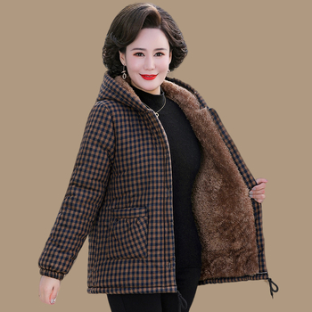 Geacă damă de iarnă, căptușită cu bumbac, cu glugă, țesătură în carouri, croială lejeră, lungime medie