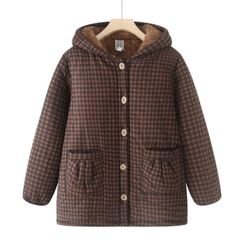 Geacă damă de iarnă, căptușită cu bumbac, cu glugă, țesătură în carouri, croială lejeră, lungime medie