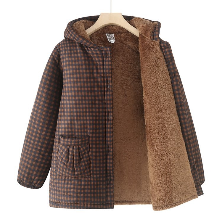 Geacă damă de iarnă, căptușită cu bumbac, cu glugă, țesătură în carouri, croială lejeră, lungime medie