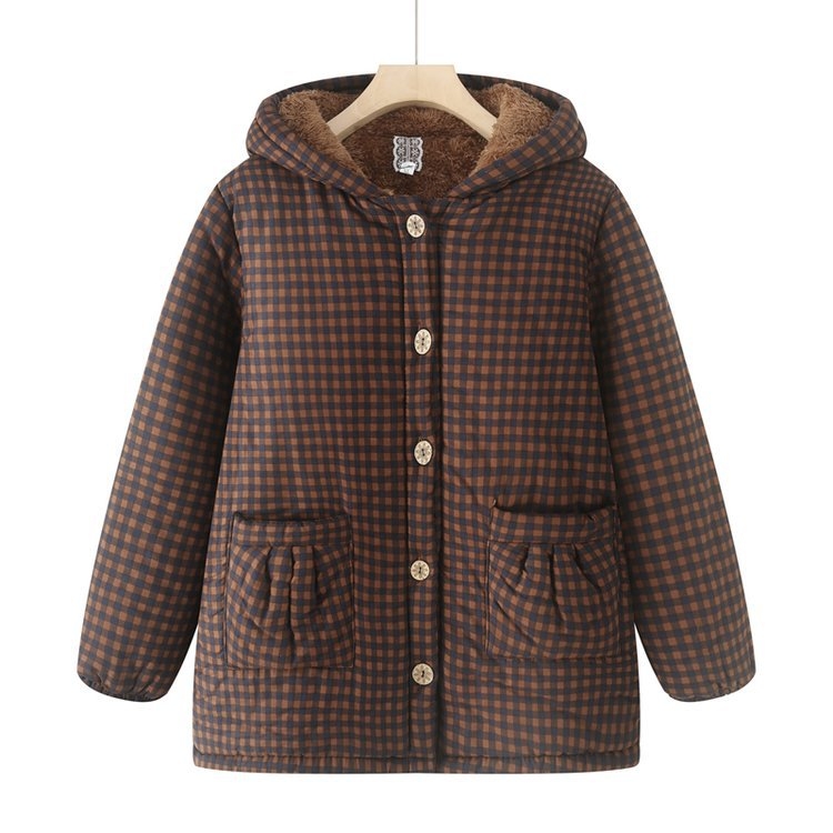 Geacă damă de iarnă, căptușită cu bumbac, cu glugă, țesătură în carouri, croială lejeră, lungime medie