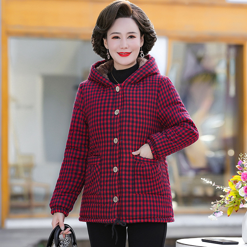 Geacă damă de iarnă, căptușită cu bumbac, cu glugă, țesătură în carouri, croială lejeră, lungime medie