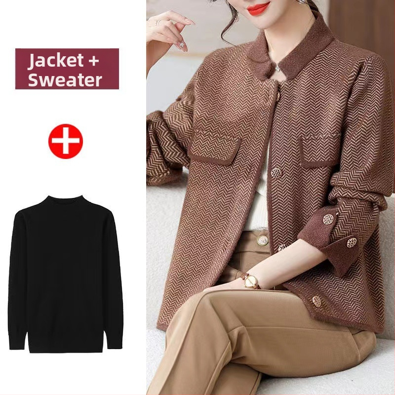 Kardigānu un džemperu komplekts rudens 2025, poliestera maisījums 90–95%, vienkāršs stils japāņu-korejiešu brīvā stila, parastais garums 50–65 cm