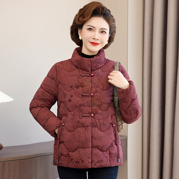 Geacă de iarnă cu umplutură din bumbac, stil nou chinezesc, croială lejeră, imprimeu floral, guler înalt, lungime 50–65 cm