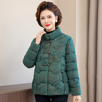 Geacă de iarnă cu umplutură din bumbac, stil nou chinezesc, croială lejeră, imprimeu floral, guler înalt, lungime 50–65 cm