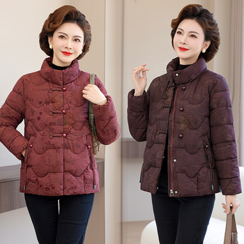 Geacă de iarnă cu umplutură din bumbac, stil nou chinezesc, croială lejeră, imprimeu floral, guler înalt, lungime 50–65 cm