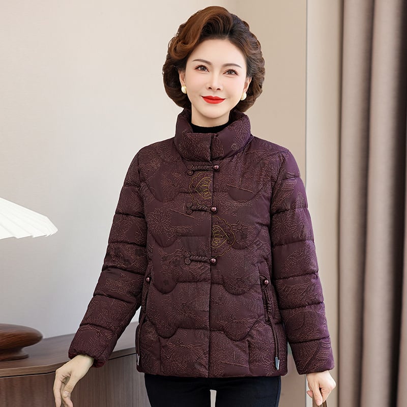 Geacă de iarnă cu umplutură din bumbac, stil nou chinezesc, croială lejeră, imprimeu floral, guler înalt, lungime 50–65 cm