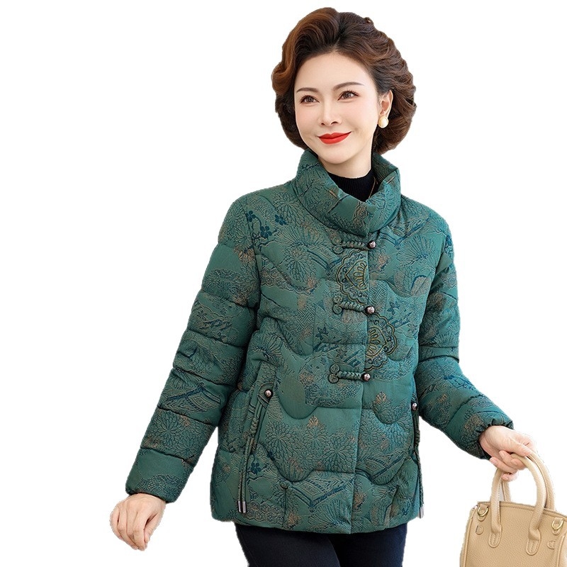 Geacă de iarnă cu umplutură din bumbac, stil nou chinezesc, croială lejeră, imprimeu floral, guler înalt, lungime 50–65 cm