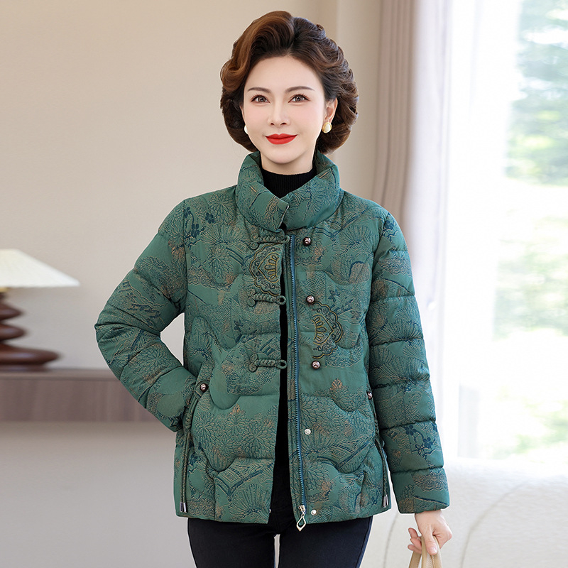 Geacă de iarnă cu umplutură din bumbac, stil nou chinezesc, croială lejeră, imprimeu floral, guler înalt, lungime 50–65 cm