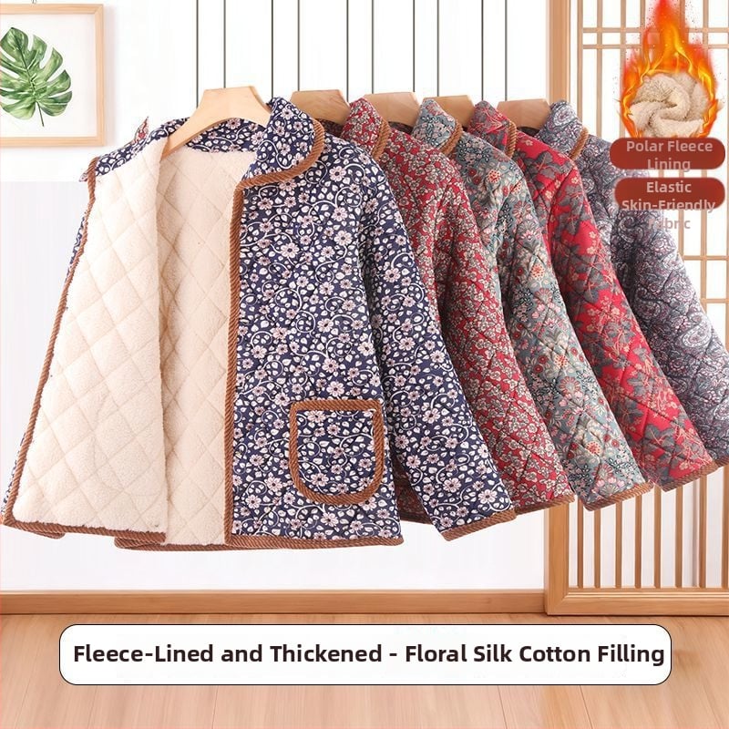 Jachetă cu umplutură din bumbac pentru femei mature, stil toamnă–iarnă, lungime medie, guler polo; țesătură TR, material principal PVC 90–95%, umplutură din bumbac-silicat (polimer) 30–50%