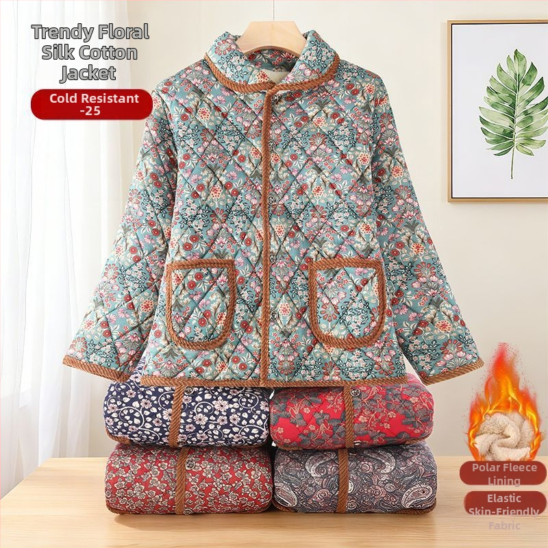 Dámska zateplená bunda pre staršie ženy, jesenné-zimné, stredná dĺžka, golier polo; TR tkanina, hlavný materiál PVC 90–95%, výplň z hodvábno-pamäť 30–50%