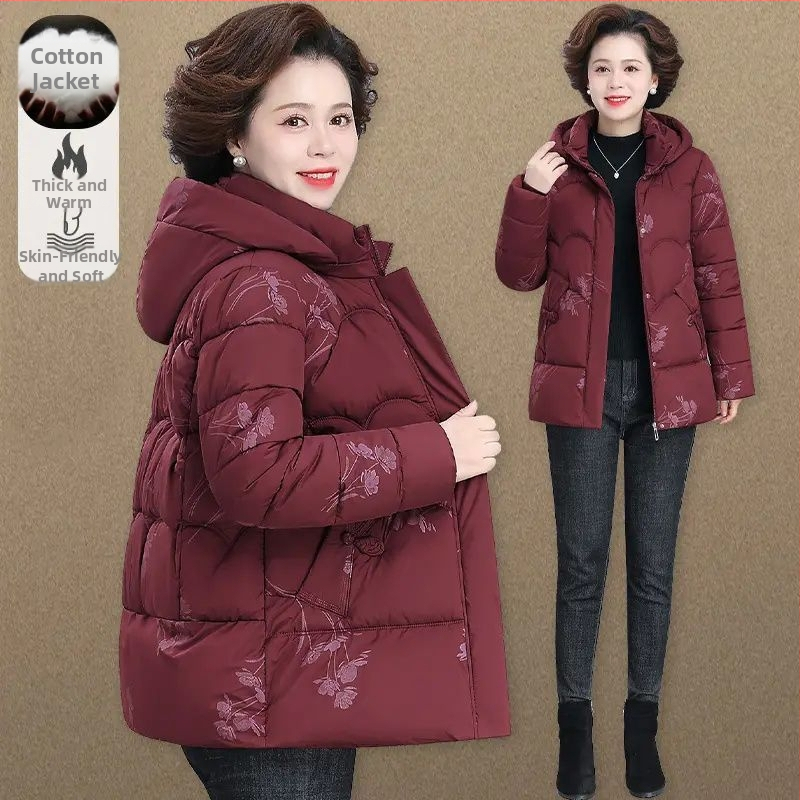 Ziemas jaka ar flīsu oderu vecākiem sievietēm, silta un bieza (TR audums; galvenais audums PVC 90–95%; otrais audums Cits 30–50%; Stils: literārais retro; Pavasaris 2025)