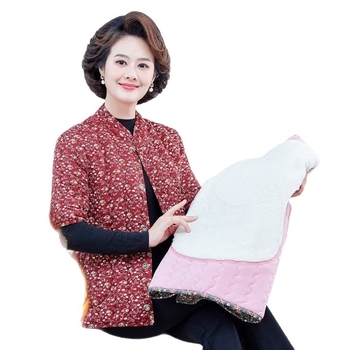 Jachetă de iarnă din bumbac cu căptușeală fleece, umplere din imitație de mătase-bumbac, decolteu în V, mâneci de lungime medie, lungime normală, model floral