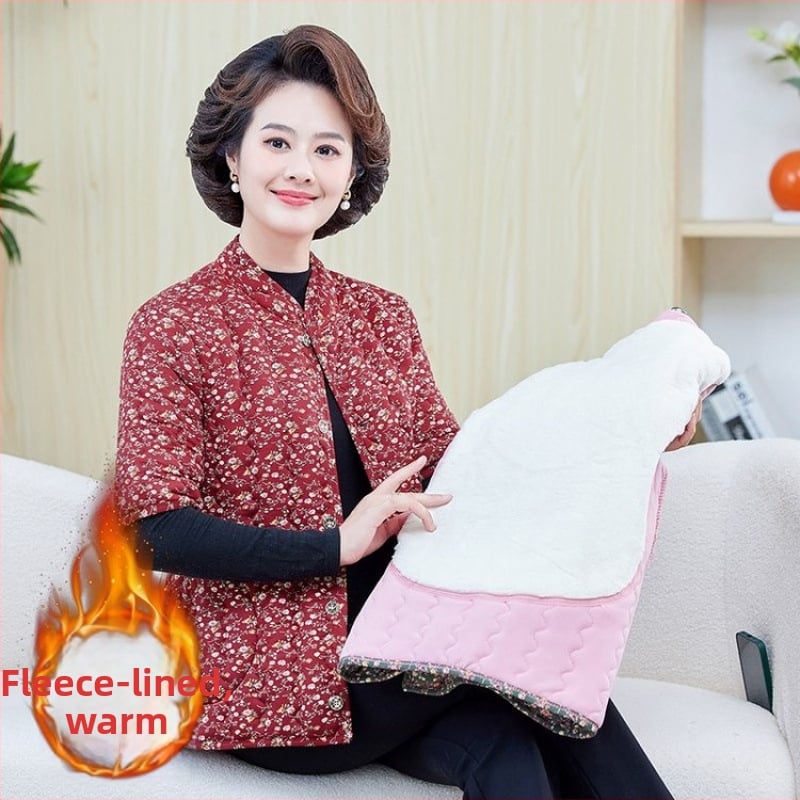 Jachetă de iarnă din bumbac cu căptușeală fleece, umplere din imitație de mătase-bumbac, decolteu în V, mâneci de lungime medie, lungime normală, model floral