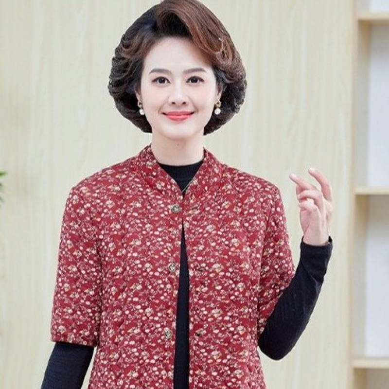 Jachetă de iarnă din bumbac cu căptușeală fleece, umplere din imitație de mătase-bumbac, decolteu în V, mâneci de lungime medie, lungime normală, model floral