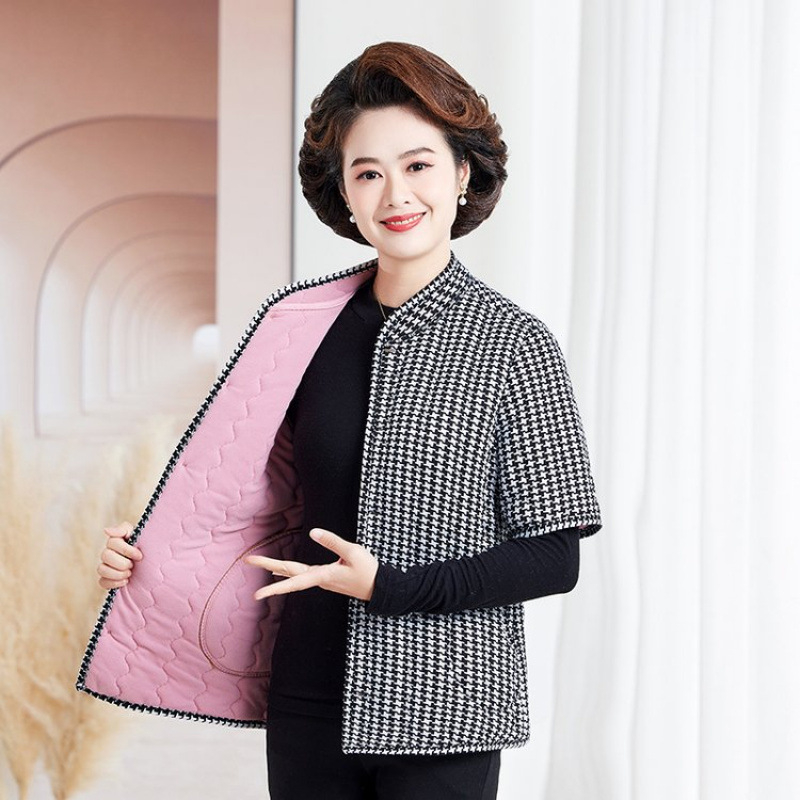 Jachetă de iarnă din bumbac cu căptușeală fleece, umplere din imitație de mătase-bumbac, decolteu în V, mâneci de lungime medie, lungime normală, model floral