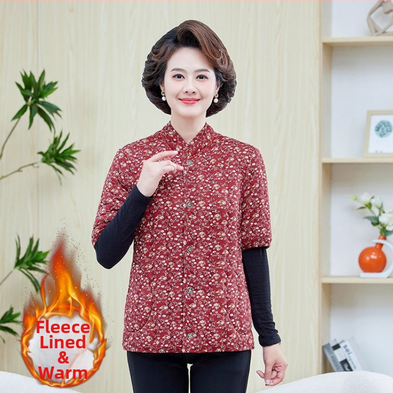 Jachetă de iarnă din bumbac cu căptușeală fleece, umplere din imitație de mătase-bumbac, decolteu în V, mâneci de lungime medie, lungime normală, model floral