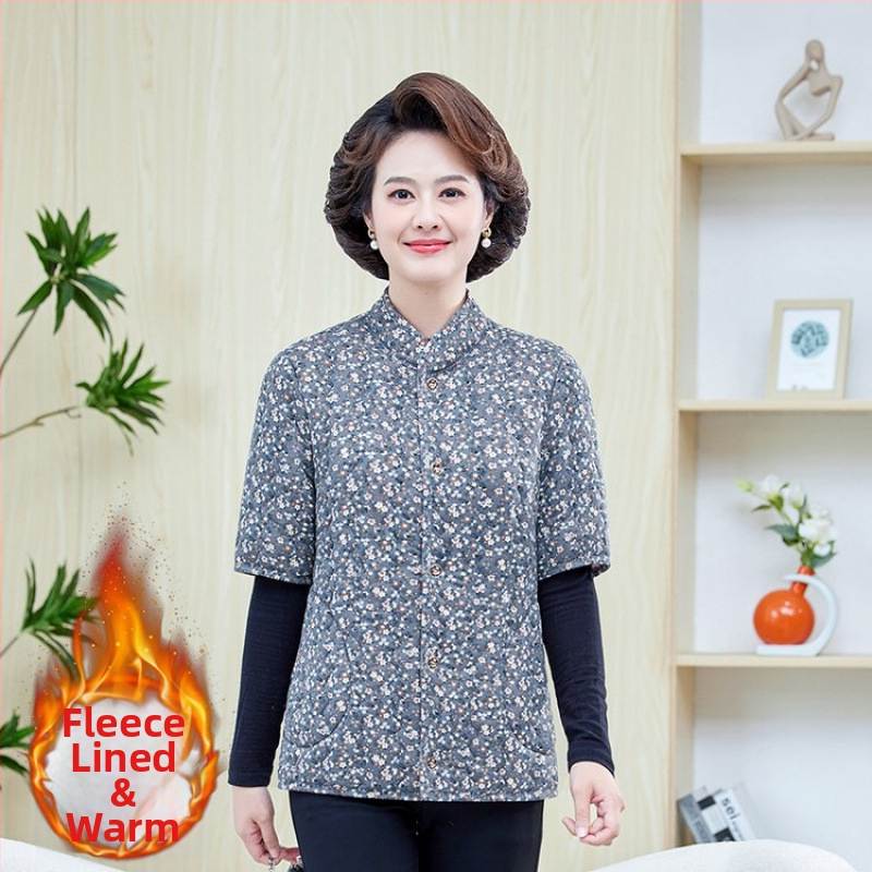 Jachetă de iarnă din bumbac cu căptușeală fleece, umplere din imitație de mătase-bumbac, decolteu în V, mâneci de lungime medie, lungime normală, model floral