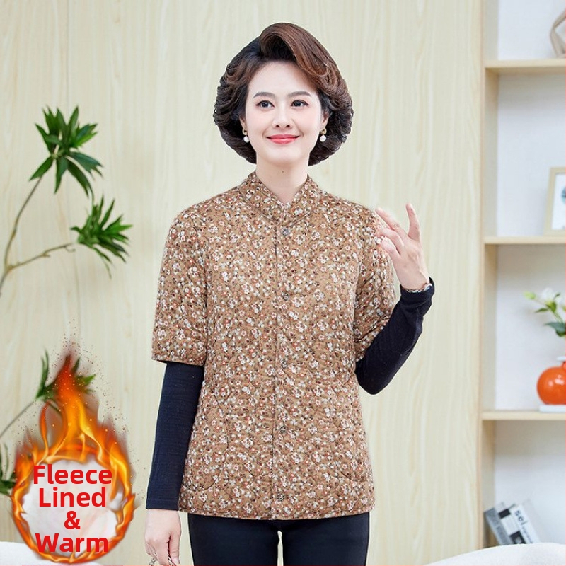 Jachetă de iarnă din bumbac cu căptușeală fleece, umplere din imitație de mătase-bumbac, decolteu în V, mâneci de lungime medie, lungime normală, model floral