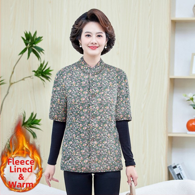 Jachetă de iarnă din bumbac cu căptușeală fleece, umplere din imitație de mătase-bumbac, decolteu în V, mâneci de lungime medie, lungime normală, model floral