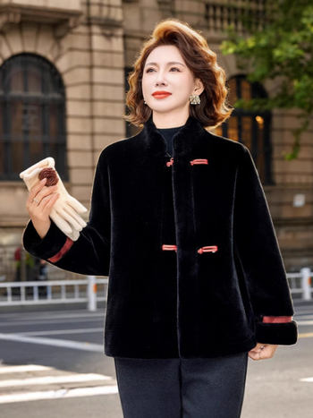 Sieviešu divpusēja bieza jaka no poliesteres, Ķīniešu stilā ar botānisku ziedu rakstu, vidēja garuma, rudens 2025