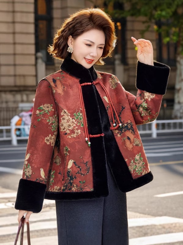 Palton damă dublu-față, căptușit gros din poliester, stil chinezesc, imprimeu floral botanic, lungime medie, toamnă 2025