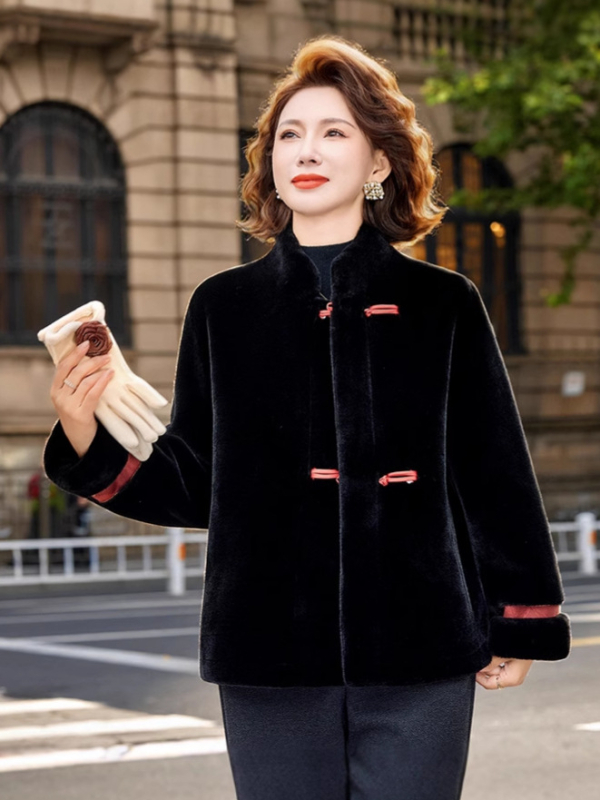 Sieviešu divpusēja bieza jaka no poliesteres, Ķīniešu stilā ar botānisku ziedu rakstu, vidēja garuma, rudens 2025