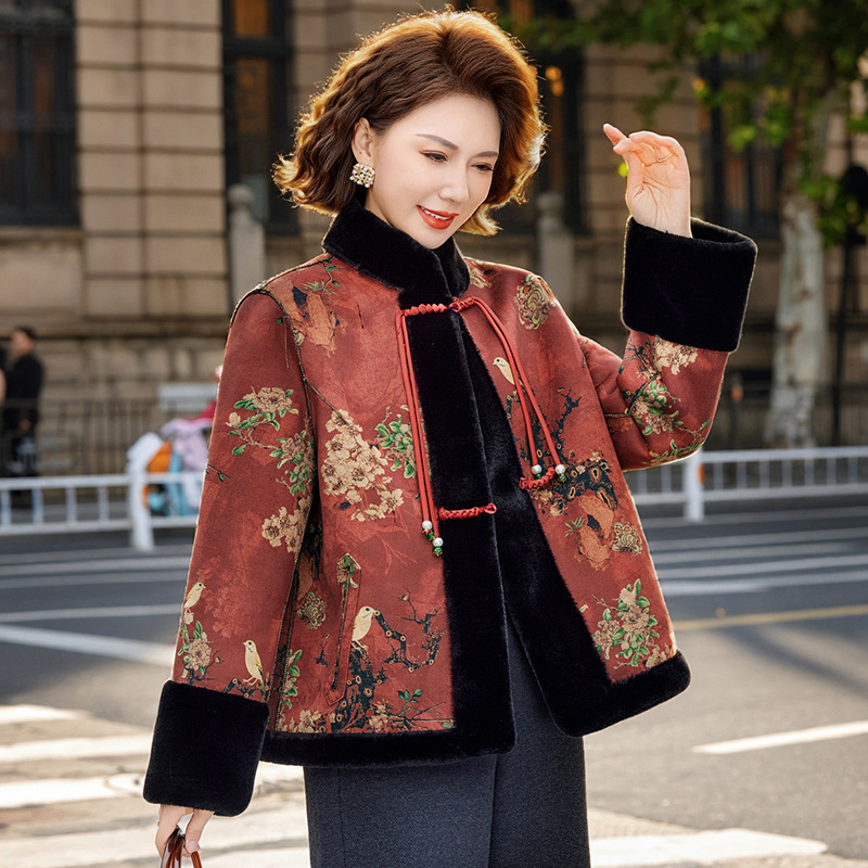 Sieviešu divpusēja bieza jaka no poliesteres, Ķīniešu stilā ar botānisku ziedu rakstu, vidēja garuma, rudens 2025
