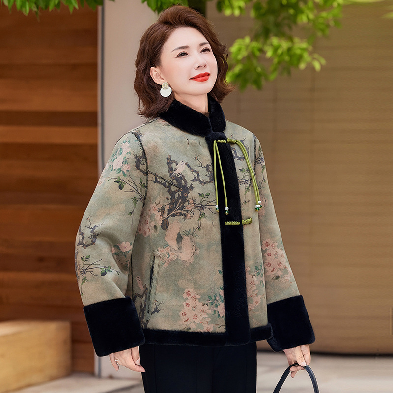Sieviešu divpusēja bieza jaka no poliesteres, Ķīniešu stilā ar botānisku ziedu rakstu, vidēja garuma, rudens 2025