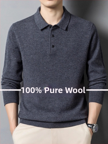 Vyriskas storos vilnos megztinis su apykakle – rever, ilgomis rankovėmis, prigludęs kirpimas, ribinė apdaila, 100% vilna