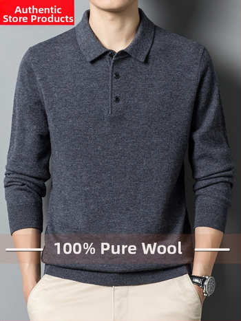 Vyriskas storos vilnos megztinis su apykakle – rever, ilgomis rankovėmis, prigludęs kirpimas, ribinė apdaila, 100% vilna