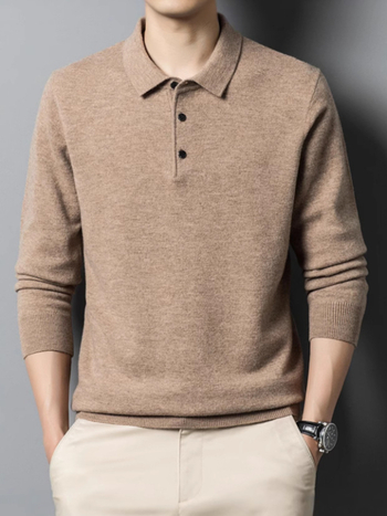 Vyriskas storos vilnos megztinis su apykakle – rever, ilgomis rankovėmis, prigludęs kirpimas, ribinė apdaila, 100% vilna