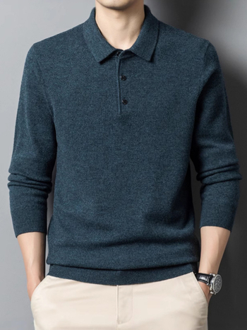 Vyriskas storos vilnos megztinis su apykakle – rever, ilgomis rankovėmis, prigludęs kirpimas, ribinė apdaila, 100% vilna