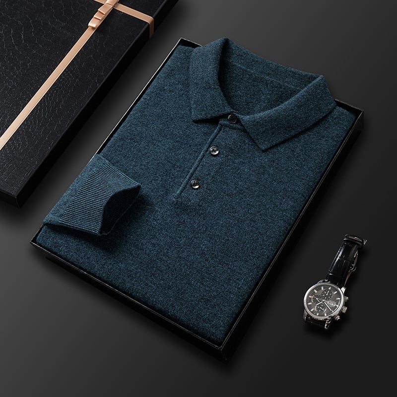 Vyriskas storos vilnos megztinis su apykakle – rever, ilgomis rankovėmis, prigludęs kirpimas, ribinė apdaila, 100% vilna