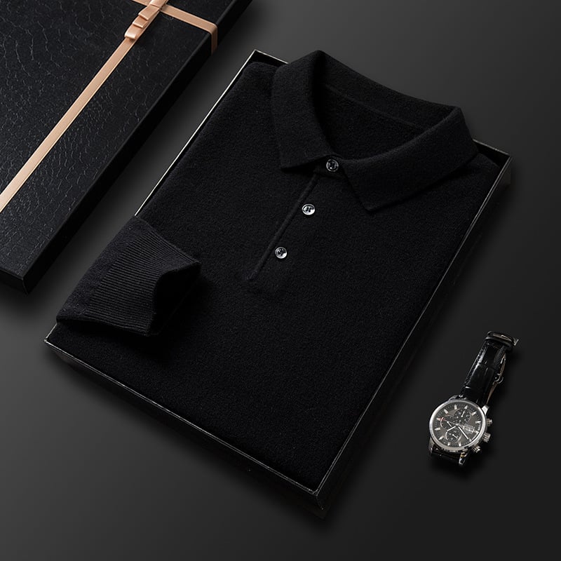 Vyriskas storos vilnos megztinis su apykakle – rever, ilgomis rankovėmis, prigludęs kirpimas, ribinė apdaila, 100% vilna