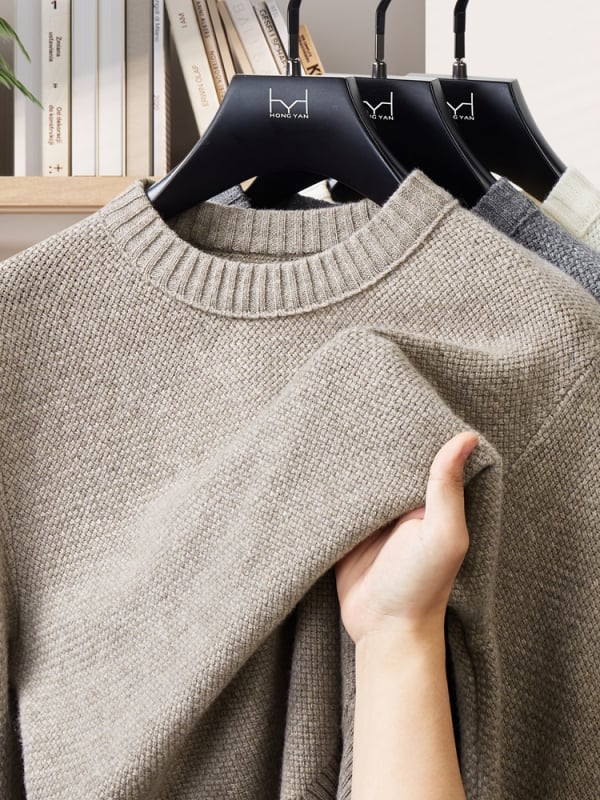 Vyriskas pagrindinis megztinis iš 100% vilnos, skalbiamas mašinoje, storas megztinis, apvalus kaklas.