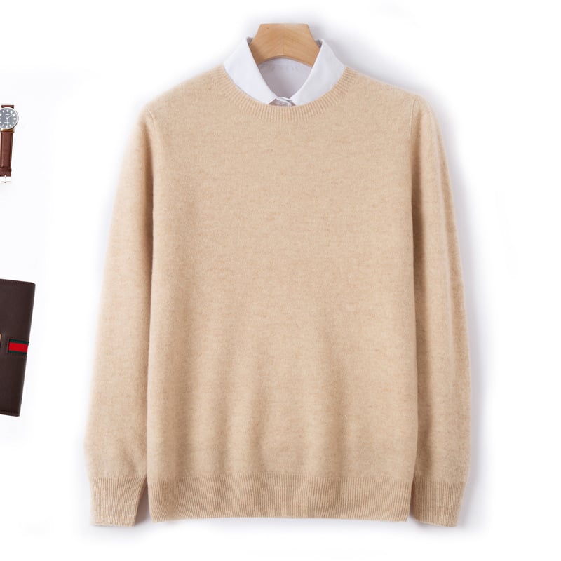 Vyrų vilnos megztinis iš 100% vilnos su apvaliu kaklu, ilgos rankovės, plona vilna, ribota apdaila apačioje, įprastas ilgis, verslo kasdieniam stiliui