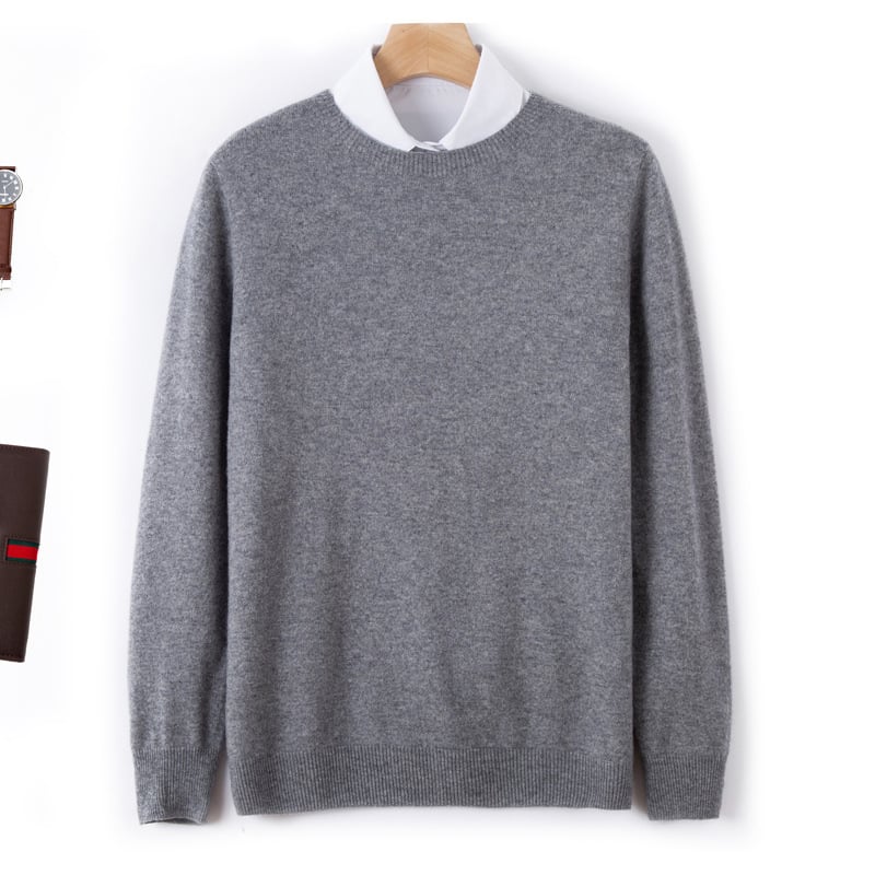 Vyrų vilnos megztinis iš 100% vilnos su apvaliu kaklu, ilgos rankovės, plona vilna, ribota apdaila apačioje, įprastas ilgis, verslo kasdieniam stiliui