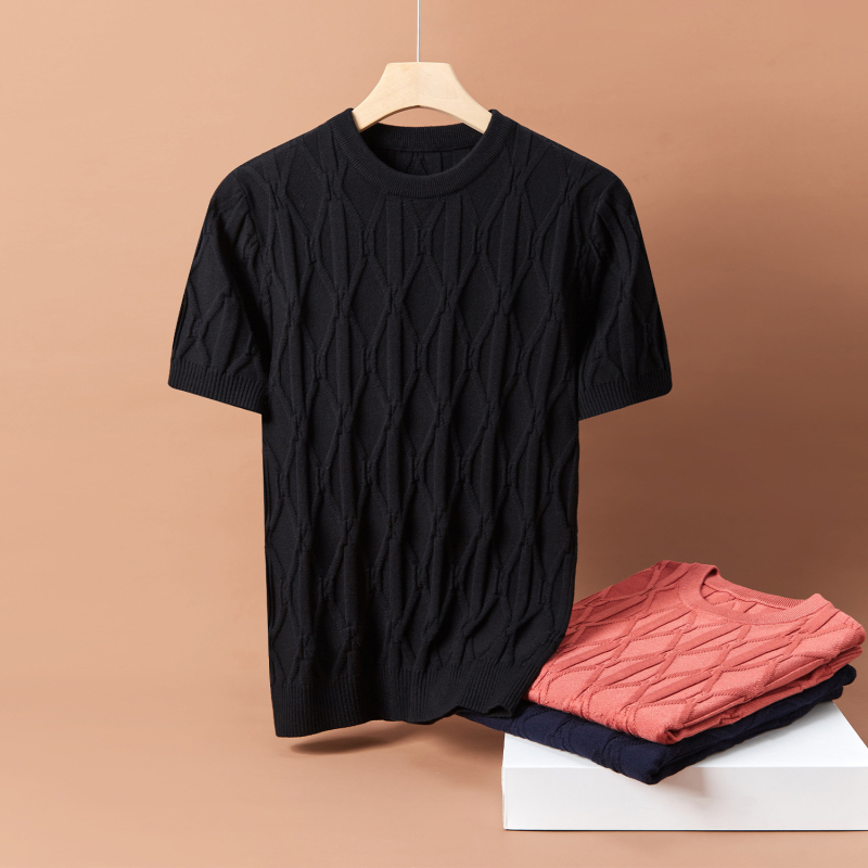 Te han muški pleteni džemper s kratkim rukavima, okruglog izreza, jacquard uzorak, uski kroj, debeli materijal, mješavina mercerisiranog pamuka i viskoze 50%