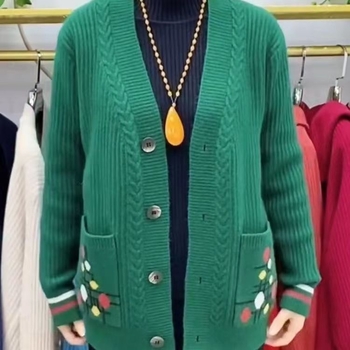 Cardigan damă, croială lejeră, guler V, fibră de vâscoză, model floral vegetal